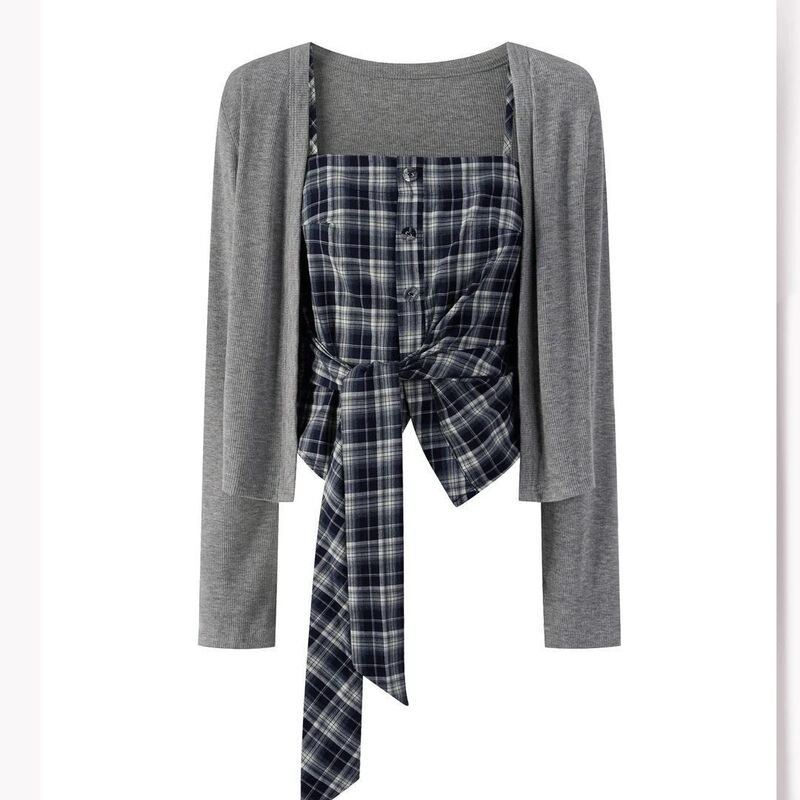 Korean Sexy Gray Knitted Cardigan Women's Autum New Fashion Age-Reducing Sun Protection Long-Sleeved T-Shirt Top Two-Piece Set Korean Sexy Gray Knitted Cardigan Women's Autum New Fashion Age-Reducing Sun Protection Long-Sleeved T-Shirt Top Two-Piece Set