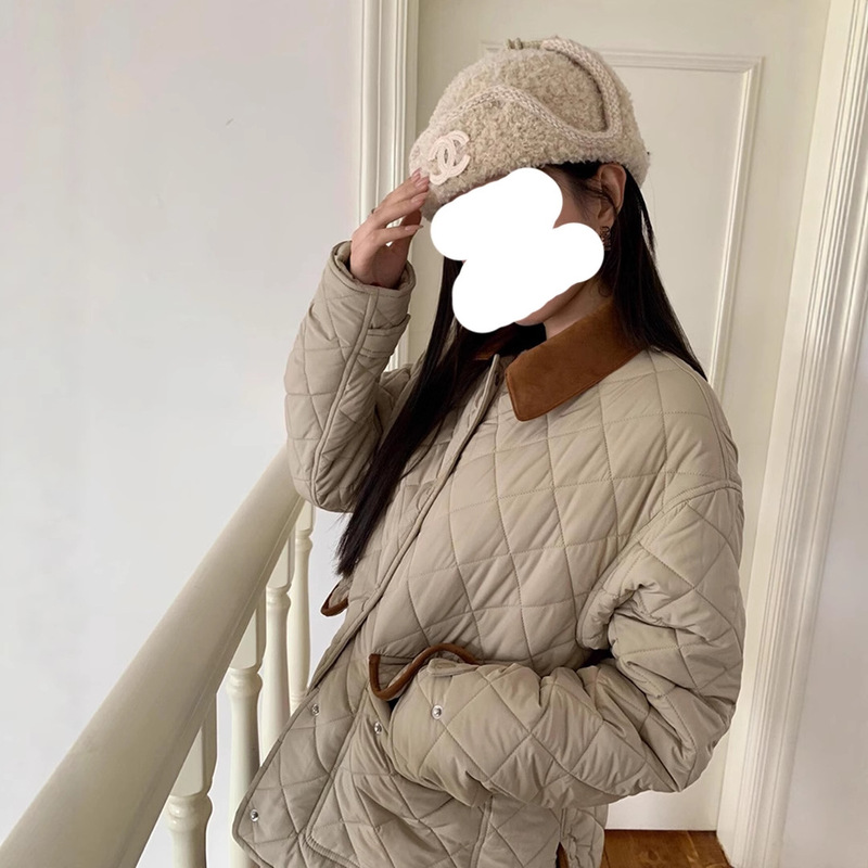 Mm Heavy Industries Quilted Diamond-Pattern Women's Cotton Jacket with Patchwork Faux Leather and Embroidered Letters, Autumn and Winter Trendy Brand Jacket for Women