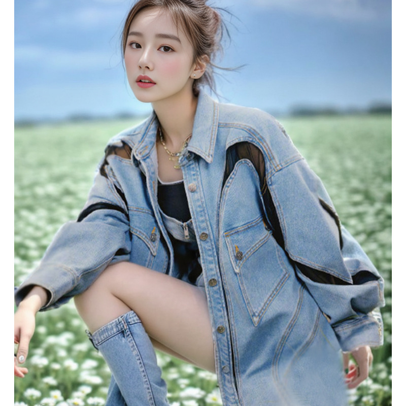 In-Stock Celebrity Style Korean Version Loose Mid-Length Jacket Fashion Dress Spring and Autumn New Denim Women's Suit