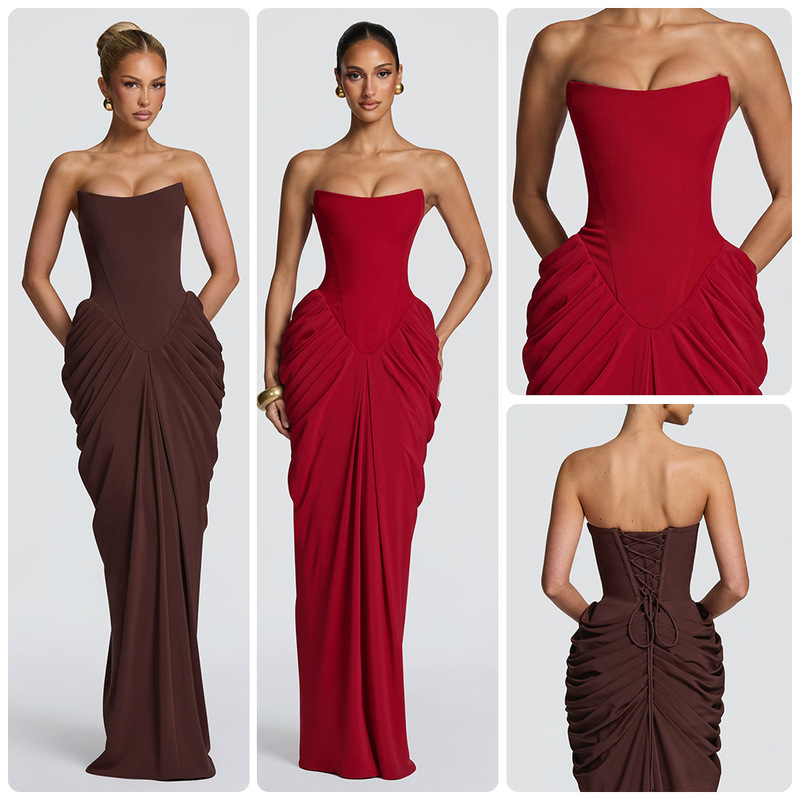 Strapless long formal dress with a slim waist, three-dimensional double-sided pleats, and a floor-length skirt