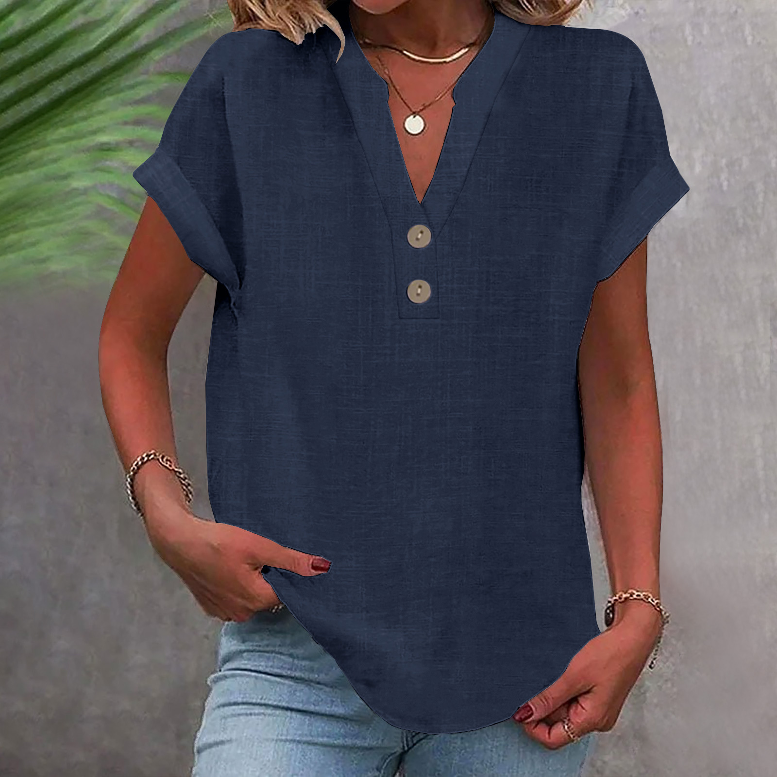 2025 European And American Summer Solid Color Stand Collar Button Short Sleeve Women's Shirt_ecoleips.com