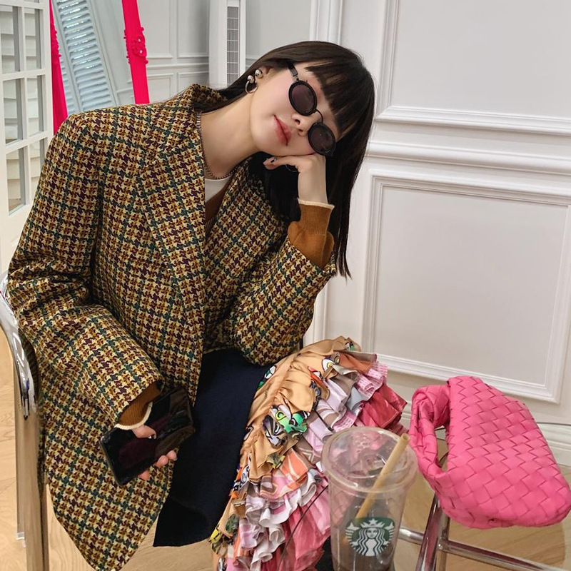 in stock MONA Plaid Suit Jacket Women's Autumn and Winter British Style Retro Fried Street Korean Ins Elegant Loose Suit