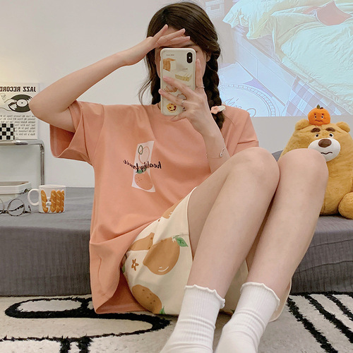  Pajamas Women Summer Short Sleeve Shorts Set Cotton Korean Style Student Cartoon Cute Home Clothes Can Be Weared Outside