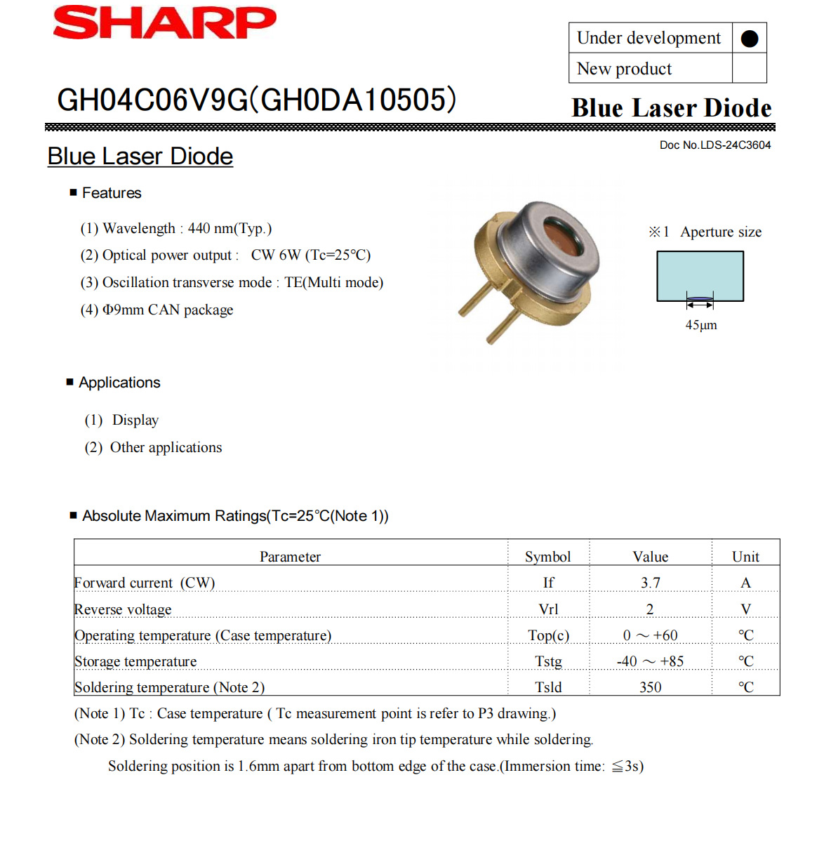 Description Picture 2 of item1pcs GH04C06V9G (GH0DA10505) TO-9 440nm 6W Blue Laser Diode