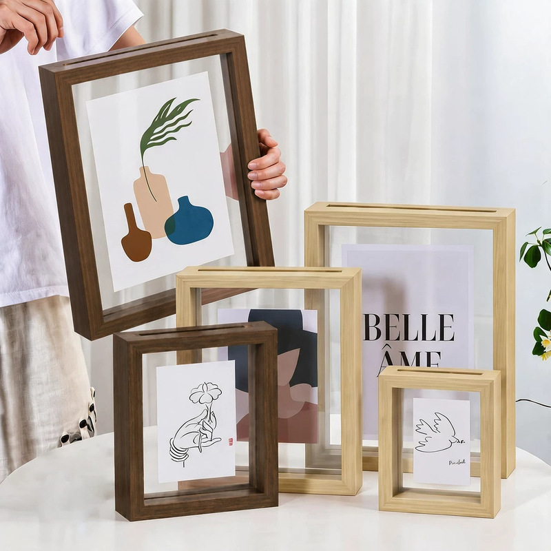 New double-sided, wood-look, transparent photo frame, perfect for displaying paintings and postcards, a creative gift, and a stylish desktop display