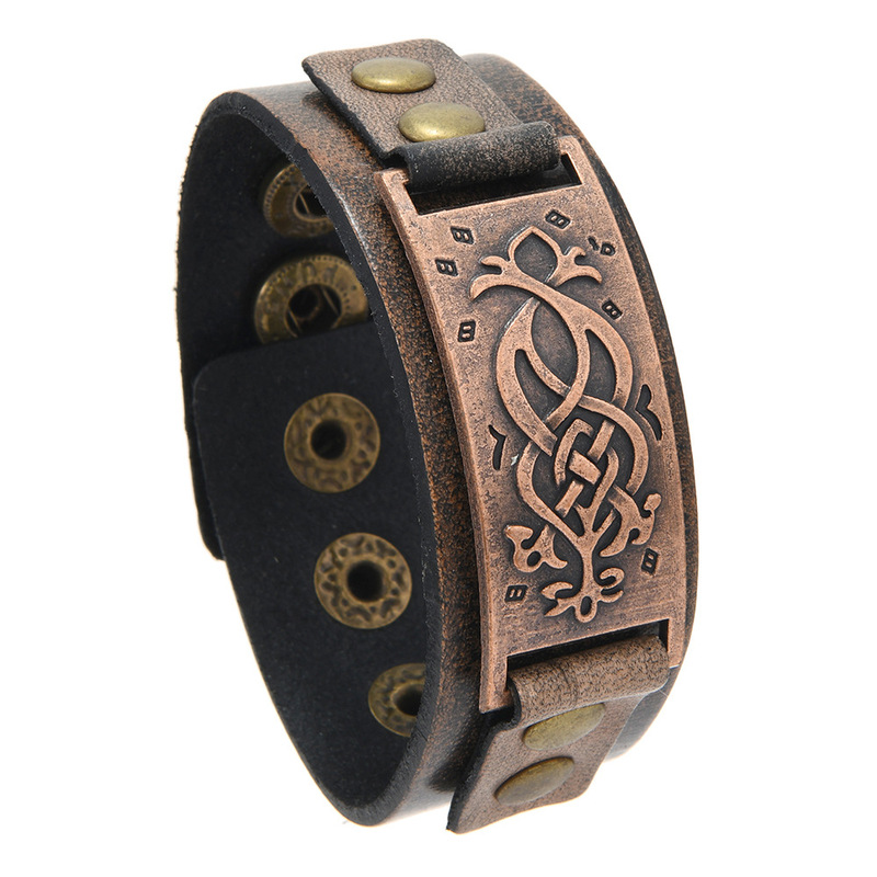 Yiwu Jewelry Nordic Viking Pattern Carved Vintage Leather Bracelet, Distressed Bronze Rivet Wide Version, Men's Bracelet Wholesale