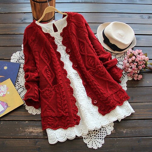 New Japanese Sen women's hollowed-out twist rimmed sweater cardigan solid color button knitted short coat for women's autumn and winter