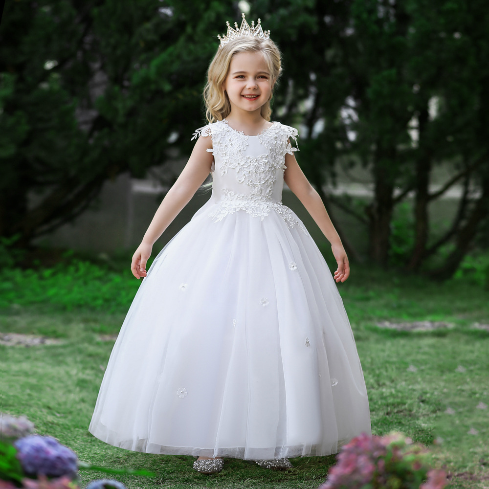 Nuevo vestido de los niños vestido de princesa bordado sin espalda arco grande flor niña vestido de novia anfitrión chica vestido de pasarela