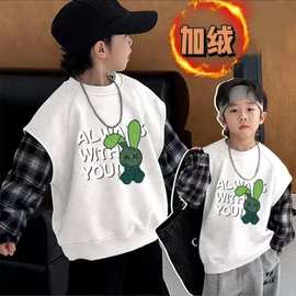 男童卫衣2025年秋冬季拼接中大童洋气加绒保暖卫衣宝宝百搭套头衫
