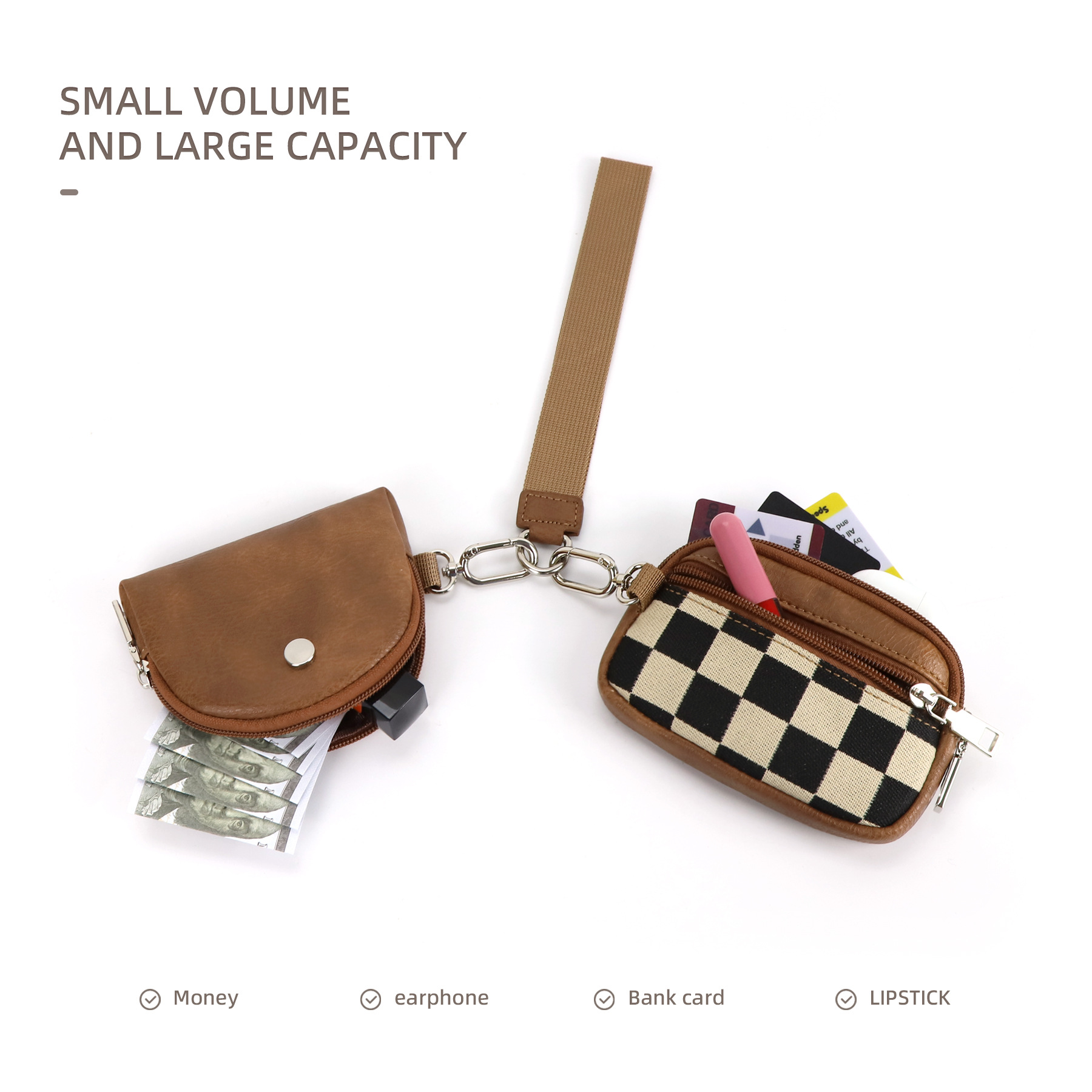 81g Weight Zipper Closure Type Coin Purse Bags Type Daily Occasion pu, Polyester Material Checkered Pattern All Seasons Season Unisex Gender Simple Style Style Square Shape Unisex Checkered Pu Polyester Zipper Coin Purses 10