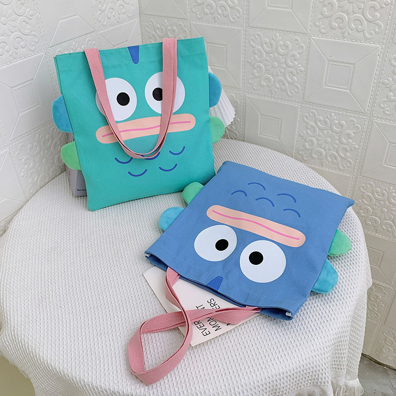 2022 new blue ugly fish canvas handbag large capacity cute ugly cute student bag