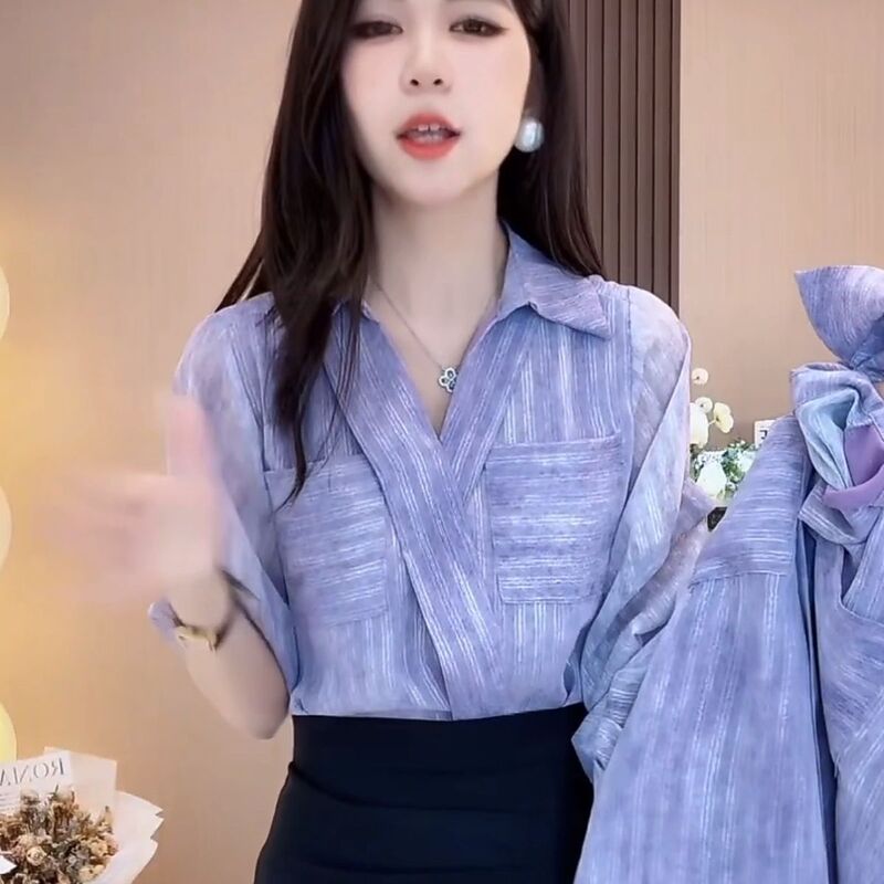 Summer Trendy French Chic Slimming Niche Turn-Down Collar Shirt for Women New Design Pocket Loose Top