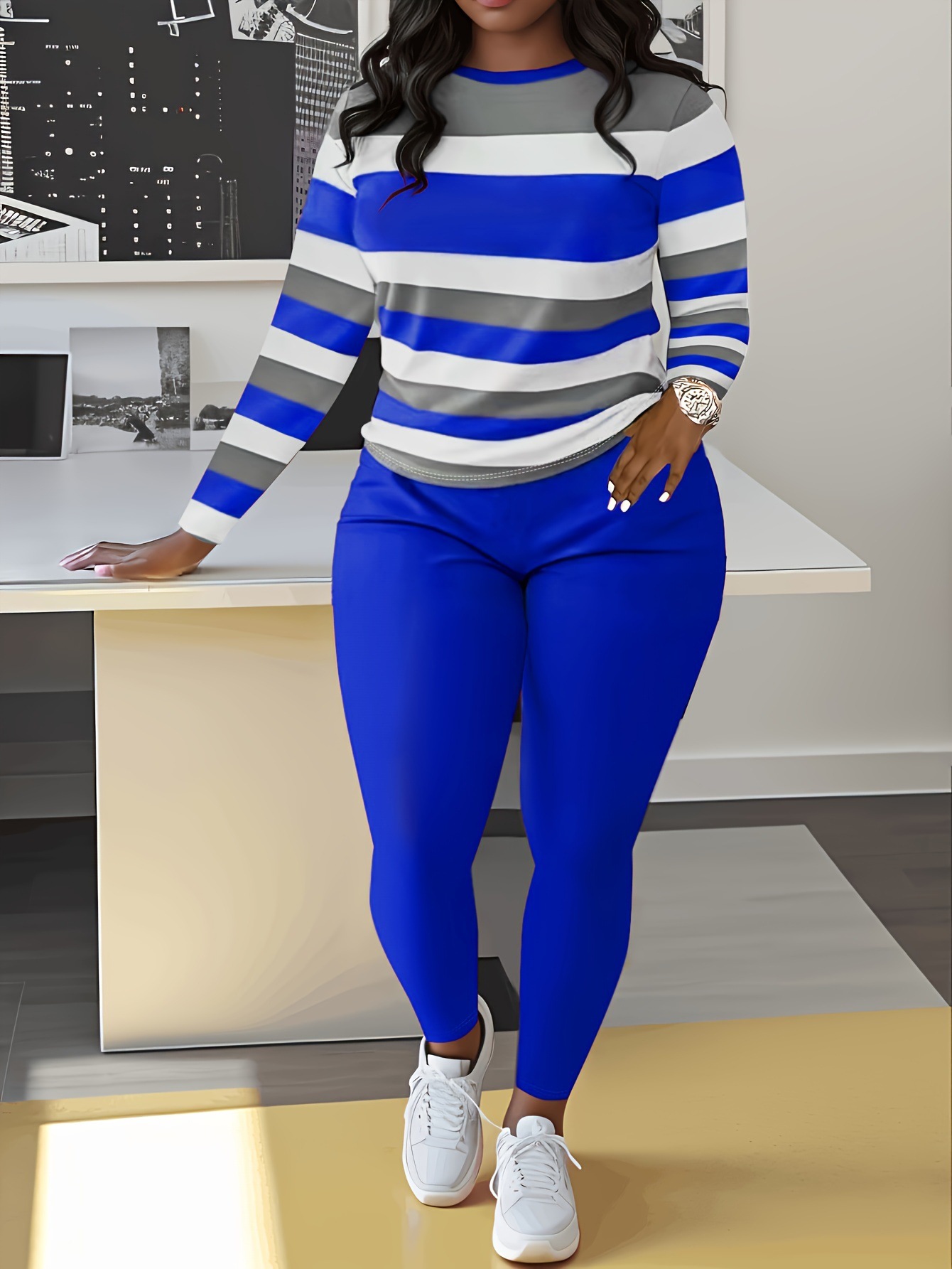 Women's Two-piece Pant Set Long Sleeve Striped Colour Block Outfit_voghion.com