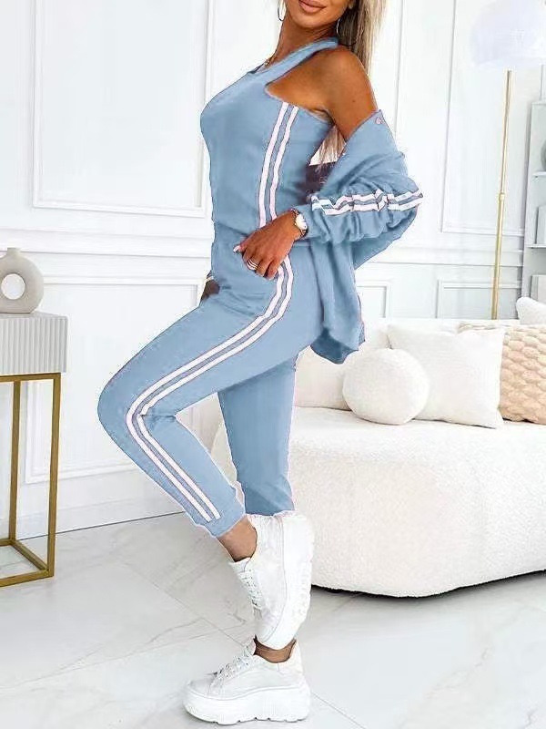 跨境欧美女装亚马逊外贸秋季时尚罗纹运动休闲背心三件套套装长袖|undefined
