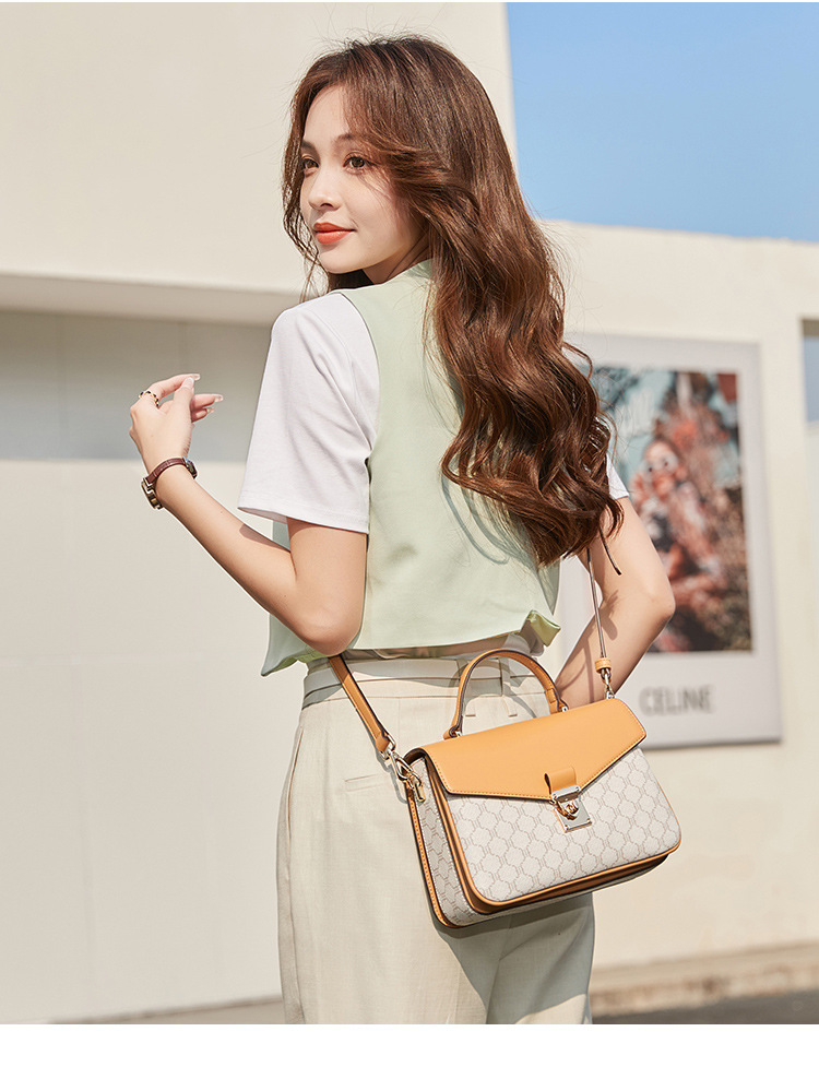 Túi đeo chéo nữ da thật dáng vuông nhỏ phối màu tương phản — Màu nâu xám chi tiết 9