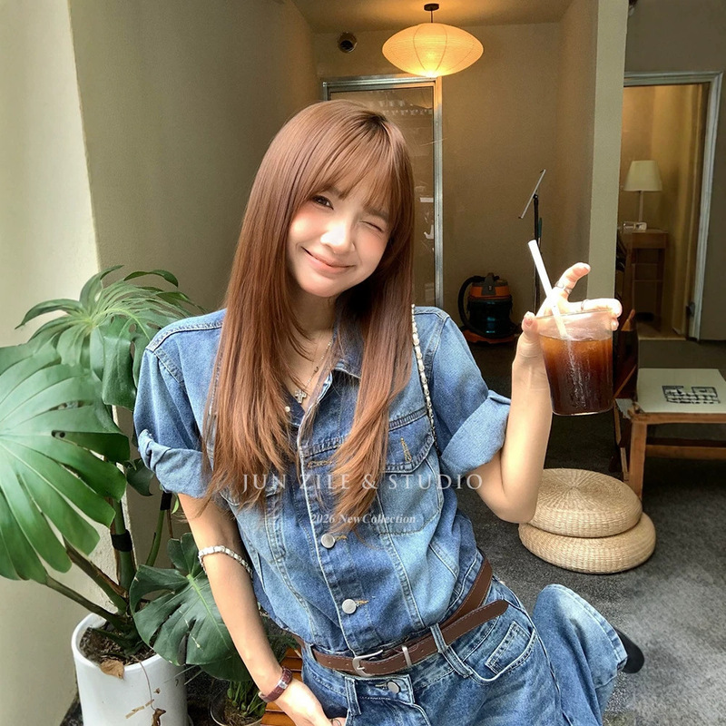 Women's two-piece denim suit, Korean-American style, short-sleeved shirt, cardigan top, loose wide-leg straight denim pants Women's two-piece denim suit, Korean-American style, short-sleeved shirt, cardigan top, loose wide-leg straight denim pants