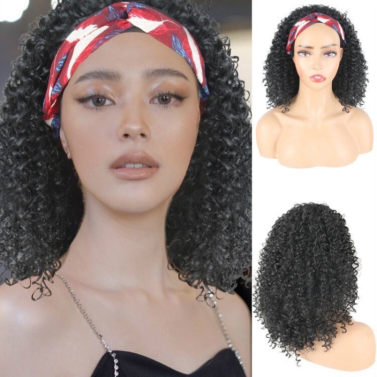 Amazon New Product European and American Style Headband Wig, Fashionable African Small Curly Short Style, High-Temperature Synthetic Fiber Wig