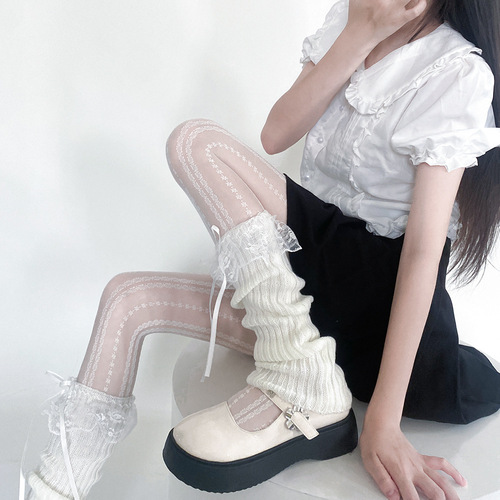 Rose flower lace socks set, cute bow pile socks leg sets, sweet girly style knitted calf socks