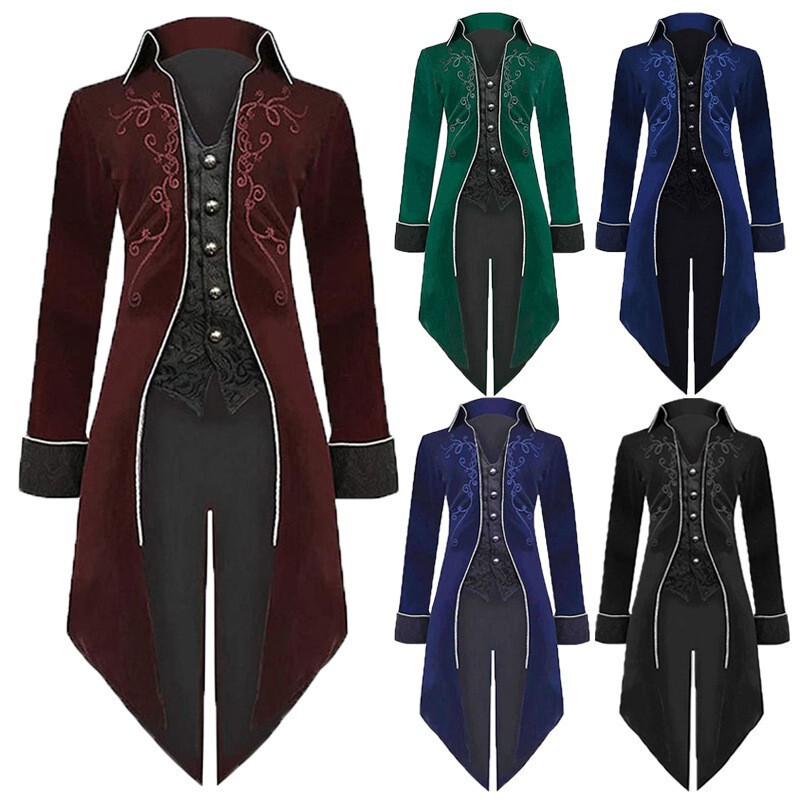Gothic Retro Men's Tailcoat, Medieval Punk Mid-Length Coat, Halloween Earl Party Cosplay Costume