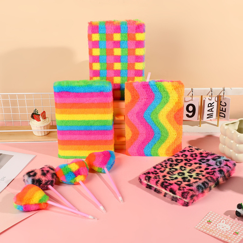 Cross-Border Hot Sale Valentine's Day A5 Rainbow Notebook Heart Ballpoint Pen Set Plush Notebook Ins Dopamine