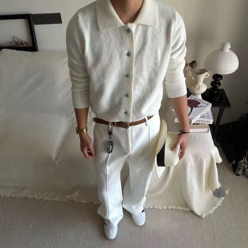 White turquoise cardigan for men, autumn boxy old money style, collared knit sweater, American cleanfit jacket
