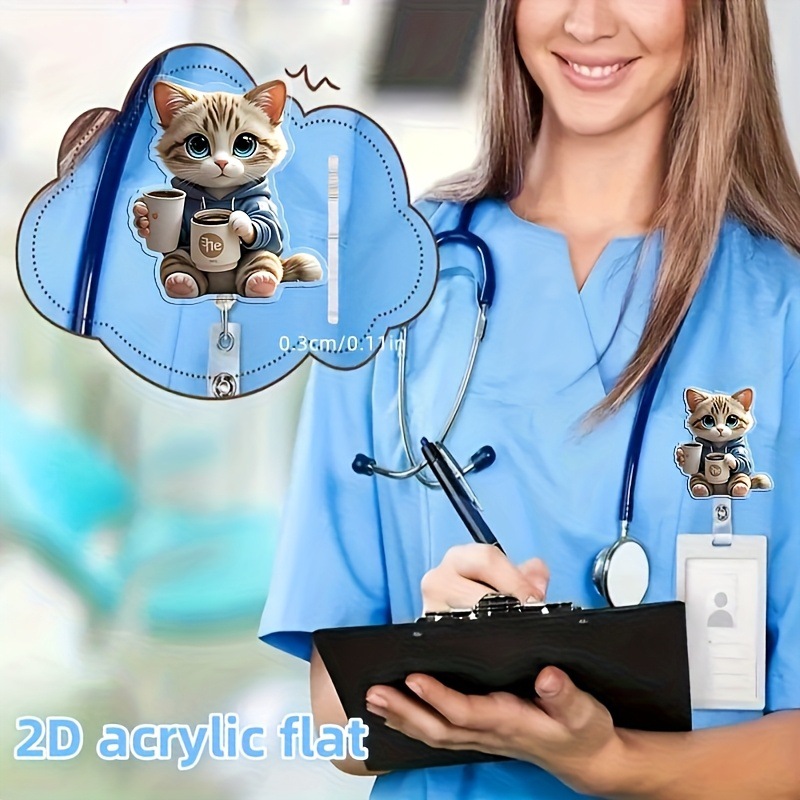 Clip de insignia de gatito de café creativo de acrílico transfronterizo, clip de identificación, hebilla retráctil y fácil de tirar