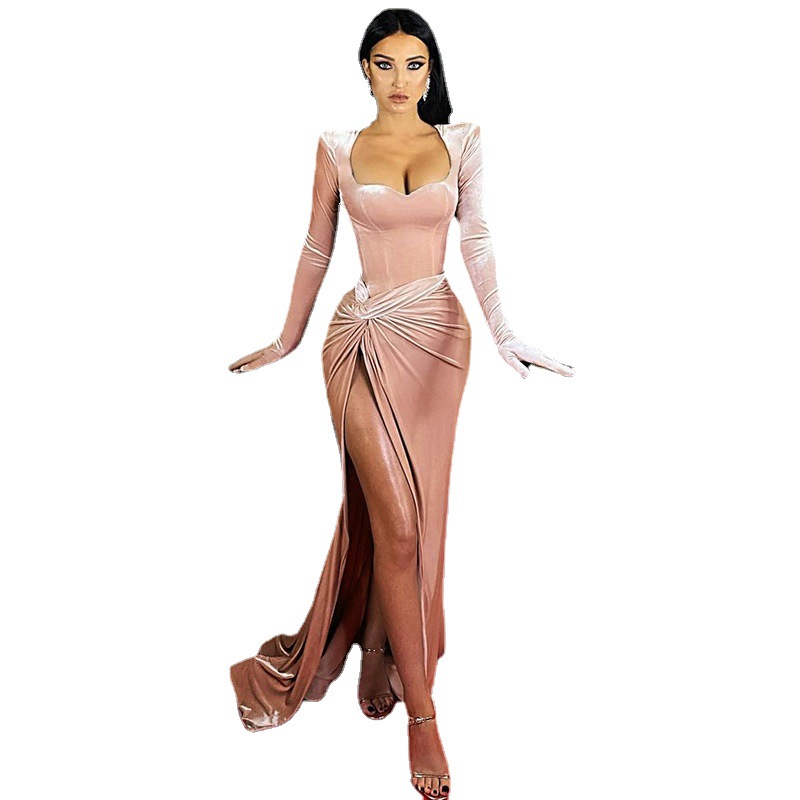 2021 ropa de mujer europea y americana otoño e invierno nuevo elegante Delgado sexy pecho guantes de cintura alta vestido de terciopelo coreano vestido