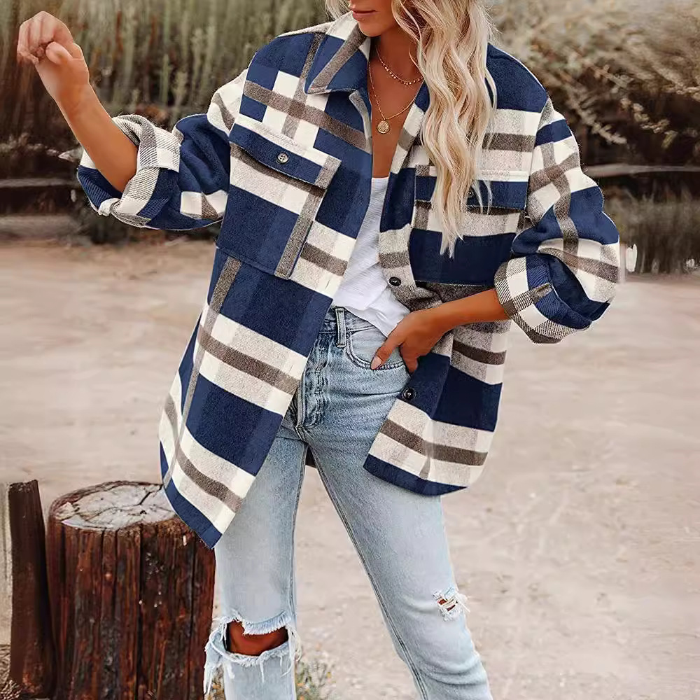 2022 Amazon Otoño e Invierno ropa de mujer transfronteriza europea y americana Amazon botón a cuadros franela abrigo de camisa de lana
