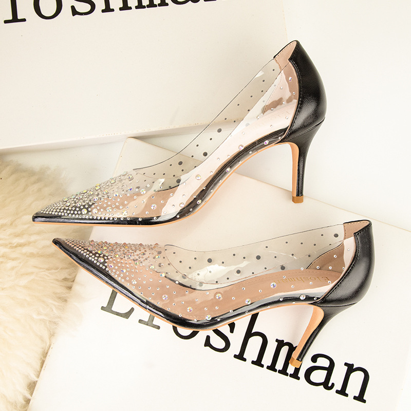 899-36 European and American wind fashion sexy pointed high-heeled shoes high heel with transparent hollow out diamond banquet women's shoes