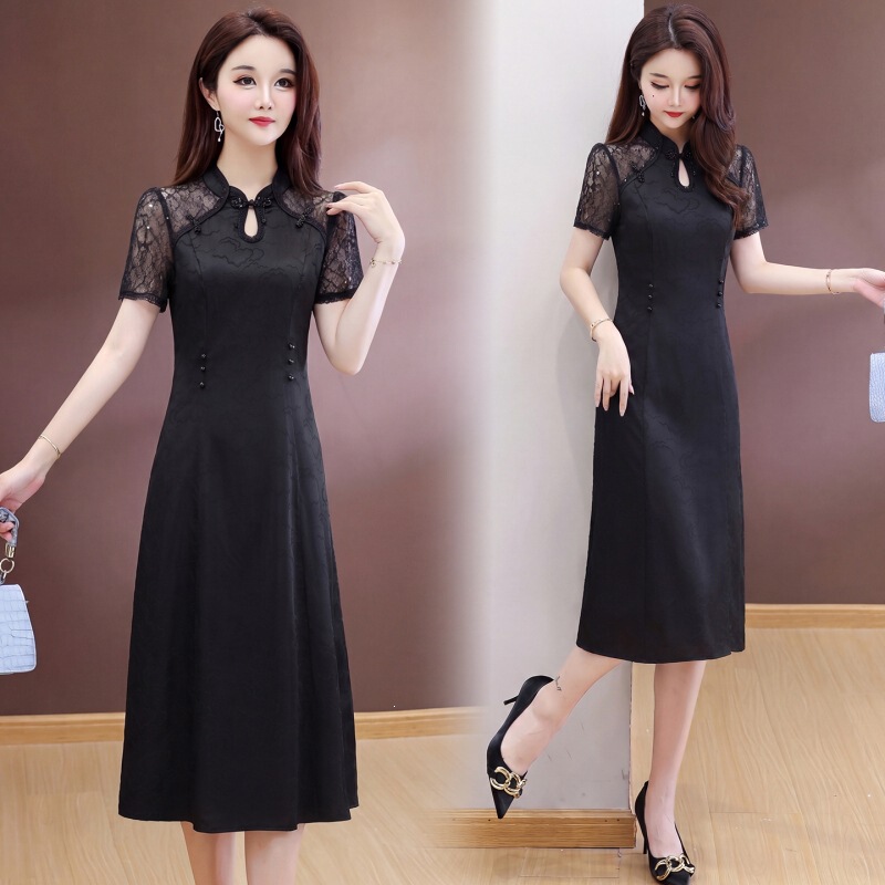 Black Chinese-Style Improved Cheongsam Dress for Women, 2026 Summer New Model, Elegant and Age-Reducing Mid-Length Dress for Mothers Black Chinese-Style Improved Cheongsam Dress for Women, 2026 Summer New Model, Elegant and Age-Reducing Mid-Length Dress for Mothers