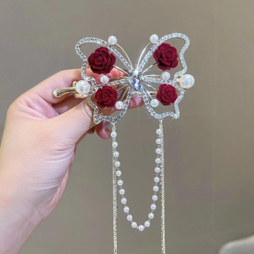 Hanfu fairy dress butterfly tassel twisting clamp rose flowers evening dress tiara head dish hair hairpin diamond ancientry tire hair accessories