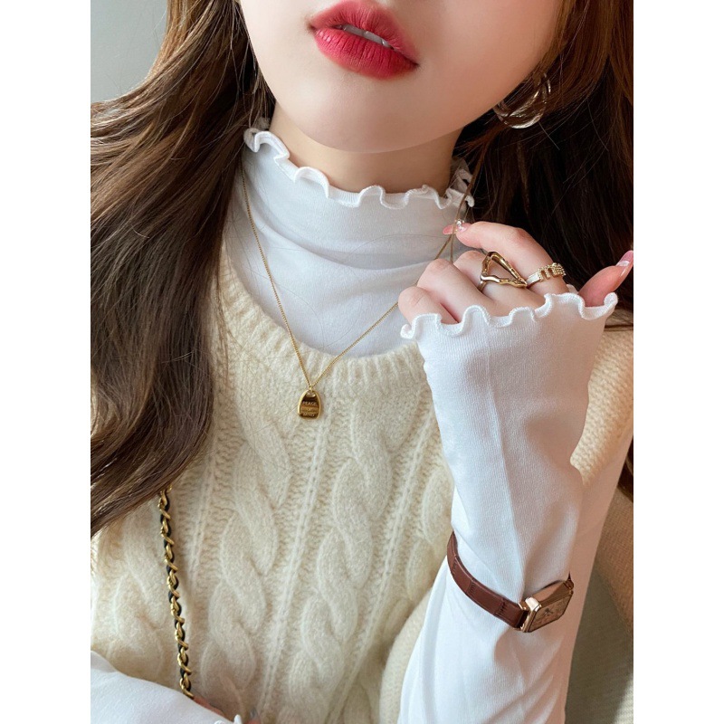 High-end turtleneck base layer white inner layer ruffled top 2025 autumn and winter new long-sleeved knitwear women's clothing