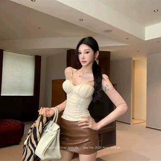 2026新款辣妹甜美吊带带胸垫显瘦背心上衣女+半裙PU皮两件套女装