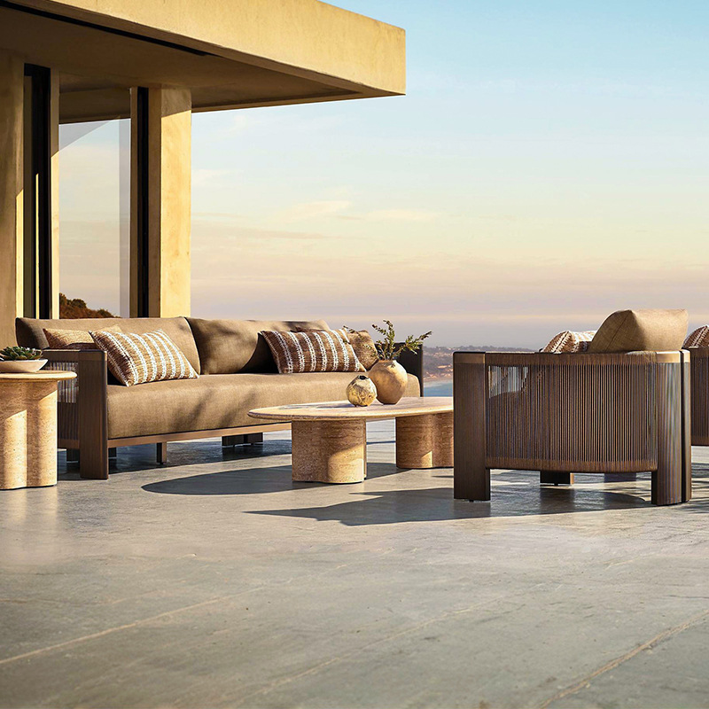 Sofá de teca al aire libre hotel villa patio terraza ocio anti-corrosión muebles de madera maciza al aire libre sofá de tejido de cuerda de jardín