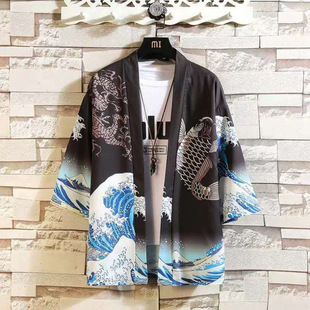 Summer Chinese Style Hanfu Robe for Men with Three-Quarter Sleeves, Ancient Style Thin Kimono, Fairy-Like Ukiyo-E Sun Protection Clothing
