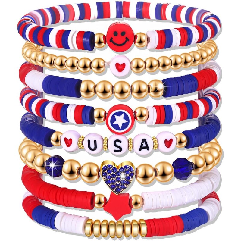 Cross-Border Hot-Selling American Independence Day Women's Bracelet July 4Th Usa 8 Soft Pottery Stackable Bracelet Sets Decorations Cross-Border Hot-Selling American Independence Day Women's Bracelet July 4Th Usa 8 Soft Pottery Stackable Bracelet Sets Decorations