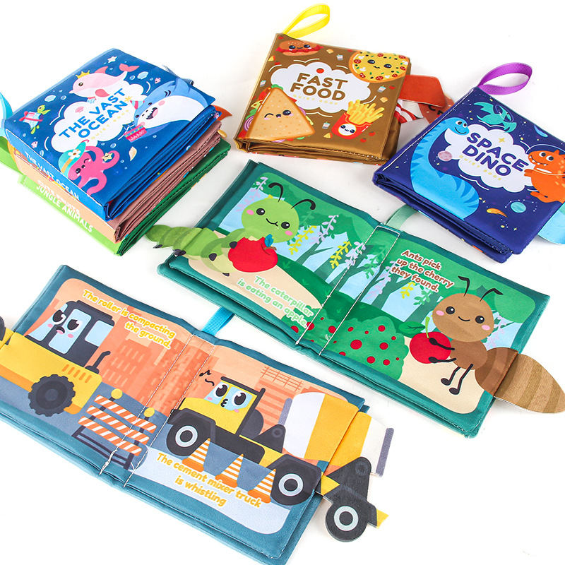 Cuatro libros de tela tridimensionales transfronterizos para bebés juguetes de educación temprana 4 caras 8 páginas en inglés libros de palma de alimentos y cognición animal libros de tela para bebés