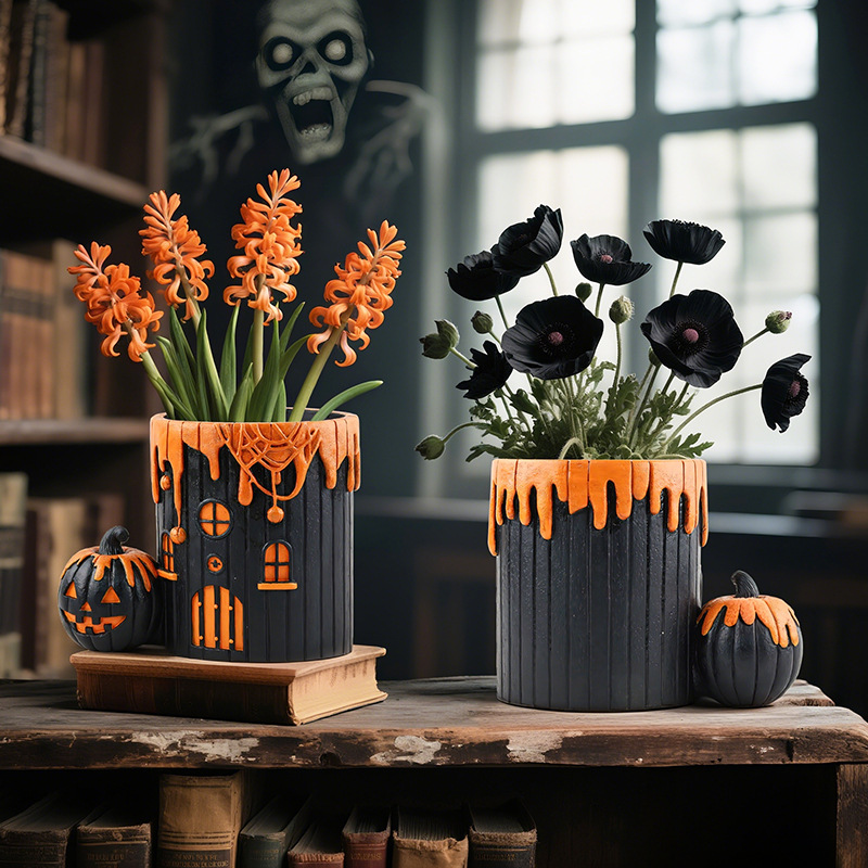  Halloween Pumpkin House Resin Flower Pot Home Desktop Courtyard Garden Outdoor Landscaping Decorative Ornaments