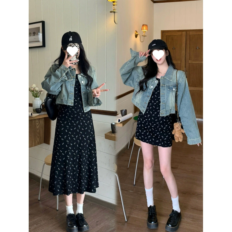 Real shot ~ Женская черная тонкая юбка на подтяжках больших размеров с цветочным принтом + джинсовая куртка, комплект из двух предметов для полных девушек с элегантными подтяжками