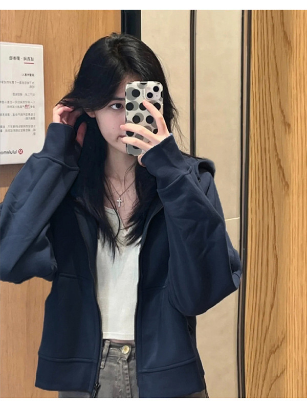 藏蓝色正肩薄外套女款春秋季短款卫衣小个子早秋上衣开衫2025新款|undefined