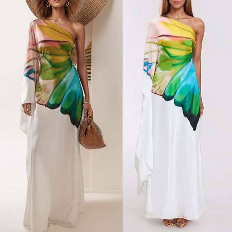 Transfronterizo 2025 Amazon primavera nueva ropa de mujer europea y americana con estampado de hombros inclinados temperamento elegante vestido delgado largo image 5