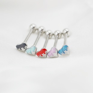 Titanium Steel Heart Tongue Ring Pa Straight Rod Stainless Steel Tongue Nail Body Piercing Jewelry Peach Heart Tongue Nail Nipple Ring Nipple Nail