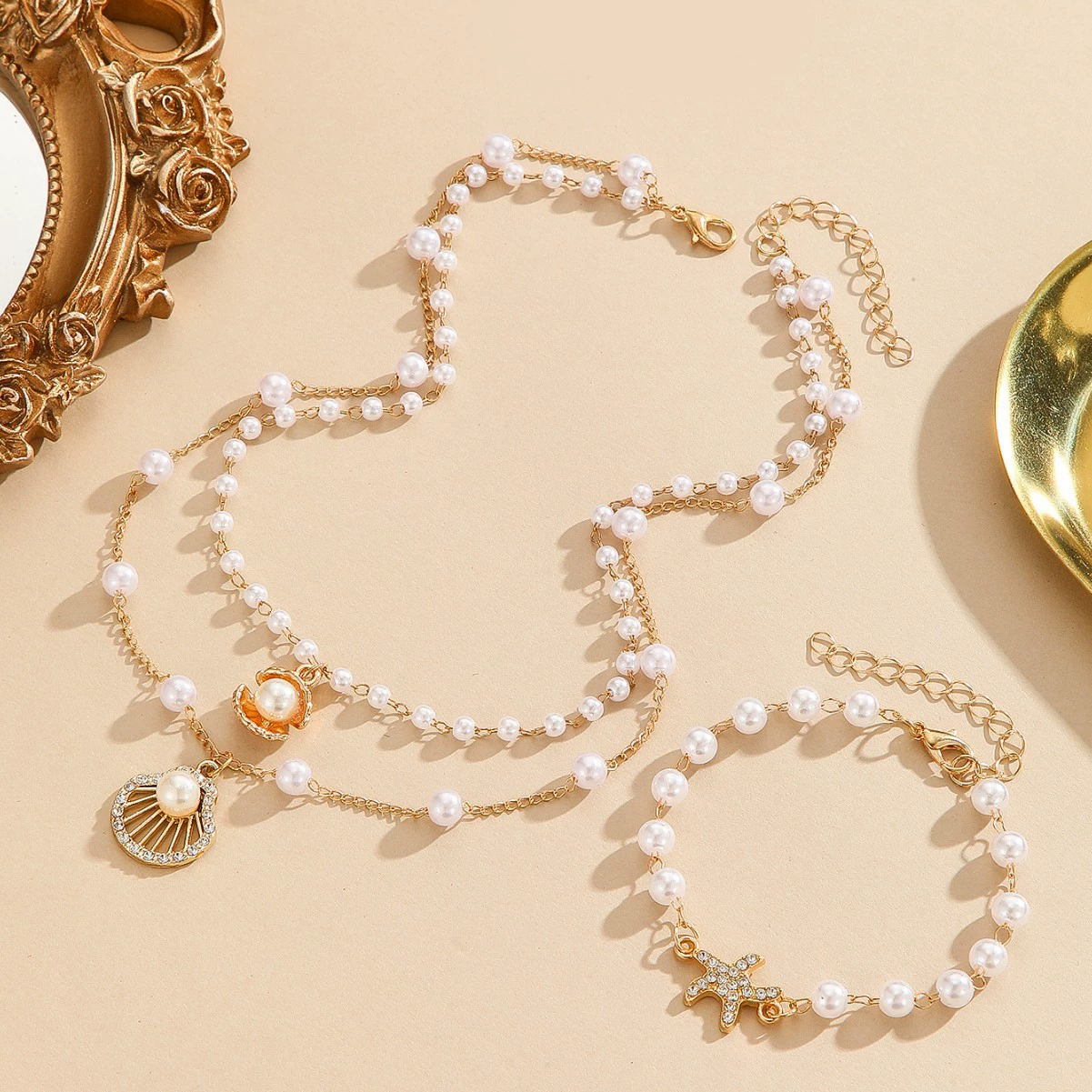 Модный трансграничный набор ожерелий с ракушками в виде морской звезды, жемчужный стиль ракушки, многослойное женское ожерелье
