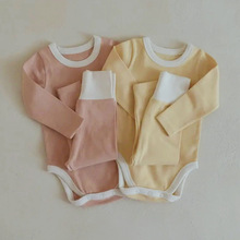 2024秋款韩国童装包屁衣婴儿撞色圆领连体衣+高腰护肚打底裤套装