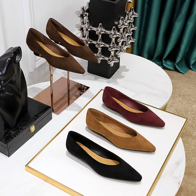 3683-15 Korean Fashion Simple Joker Plain Women's Shoes Comfortable Wedge Suede Pointed Shallow Low Heel Single Shoes
