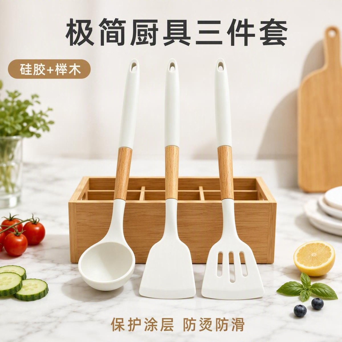 Kaymaz Uçlu Ahşap Saplı Silikon Mutfak Eşyası Tencere Kepçesi Seti Mutfak Aletleri Pişirme Wok Spatulası Çorba Kaşığı Kepçe Seti