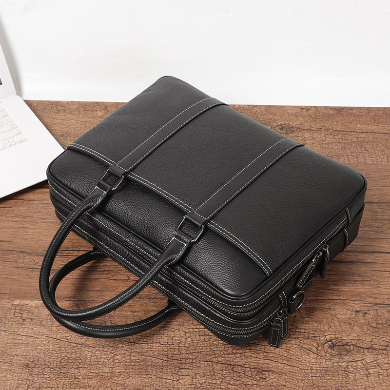 Cặp công sở da bò lớp đầu khóa kéo đôi, túi xách tay nam đựng laptop 14 inch dung lượng lớn, có dây đeo vai 38×11×28 cm — đen
