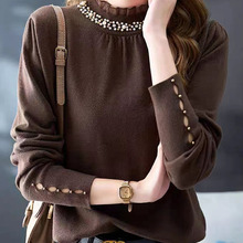 2025秋冬针织衫女韩版钉珠花边领设计感长袖气质毛衣女内搭打底衫