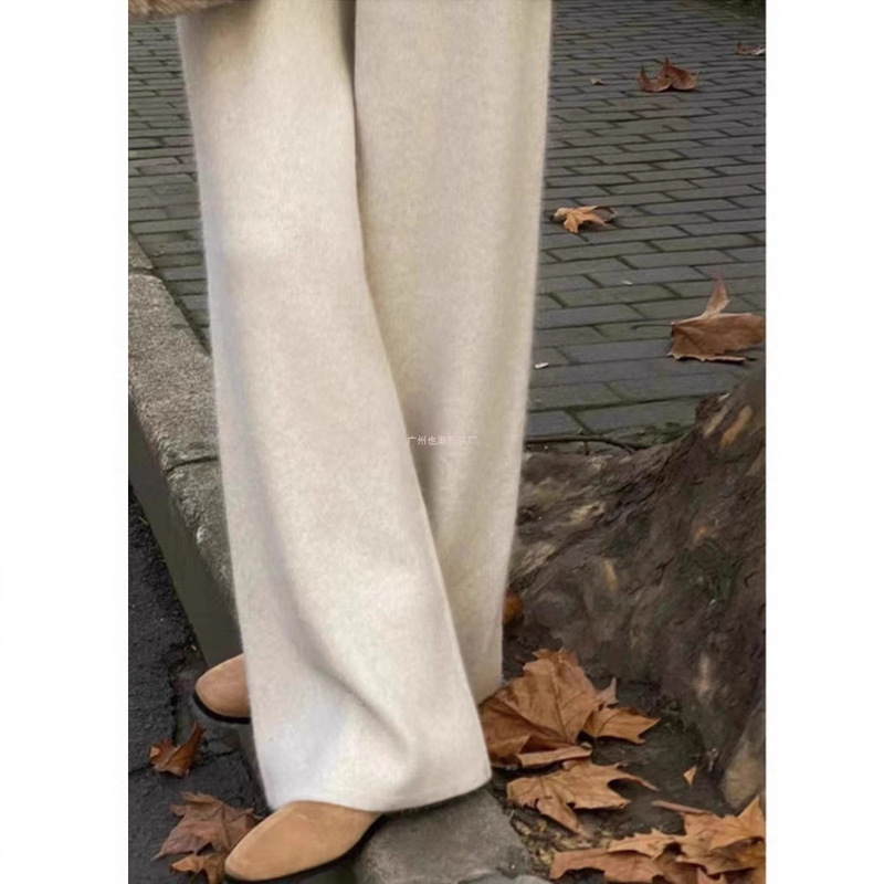 Autumn and Winter Thickened 100% Wool Wide-Leg Pants for Women, Drapey Knit Straight Long Pants, Cashmere Outerwear, Petite Floor-Length Pants
