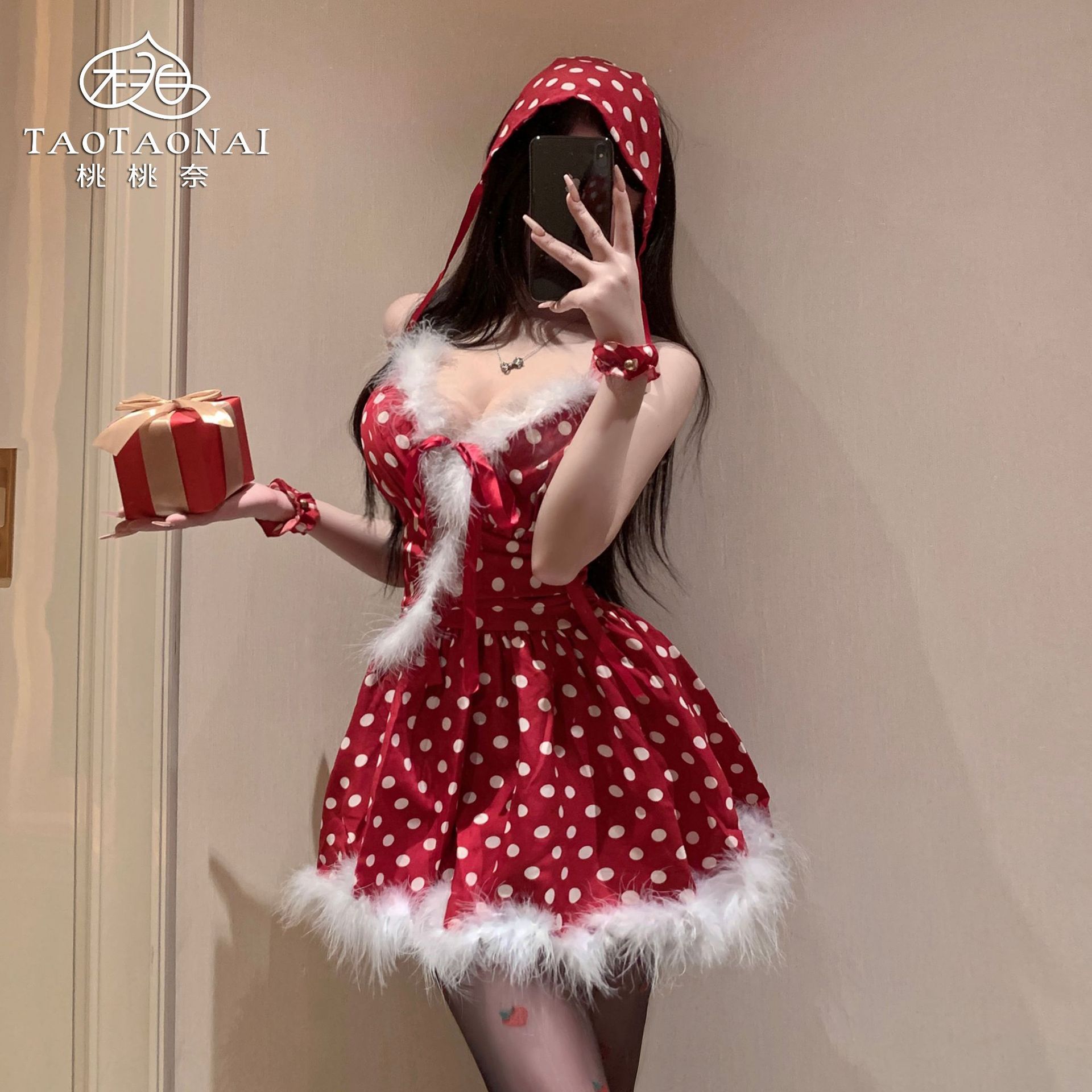 감정 속옷 웨이브 도트 모피 목 매달려 순수한 원하는 원피스 크리스마스 의상 여성 유혹 스트랩 잠옷 스파이스 소녀 7098
